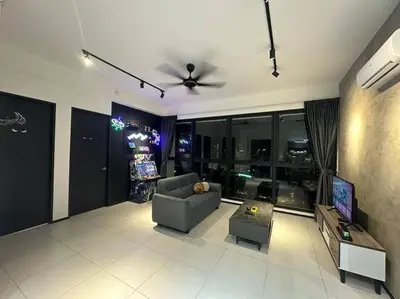 a living room with a couch and a ceiling fan at 3 Room/3 Queen Bed, Urban Suite Arcade Room #2carpark in Jelutong