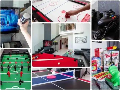 a collage of photos of a room with ping pong tables at XBox, Karaoke, Foosball, PoolTable, IceHockey, Ping Pong, Board Games in George Town
