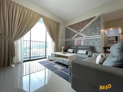 a living room with a couch and a large window at Ipoh Meru Casa Kayangan 3 Bedroom Apartment in Ipoh