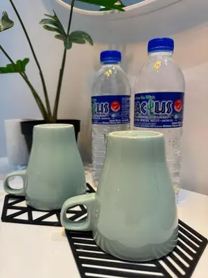 two bottles of water and two vases on a table at Cozy Scandinavi Guest room - Queen Bed, Free Netflix, Prime & Wi-Fi Near Bukit Mertajam in Kubang Semang
