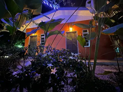 a house at night with flowers in the foreground at Stylish Balinimo Guest room - King Bed, Free Netflix, Prime & Wi-Fi Near Bukit Mertajam in Kubang Semang