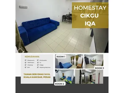 a collage of photos of a living room with a blue couch at Homestay Cikgu Iqa (Muslim) in Kuala Kangsar