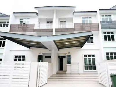 a white building with awning and stairs in front of it at Shamrock Breeze Villa 2: Coastal Haven for 25 Guests in Batu Ferringhi