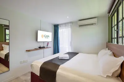 a bedroom with a large bed and a window at GAIA Hotel in Tanjung Bungah