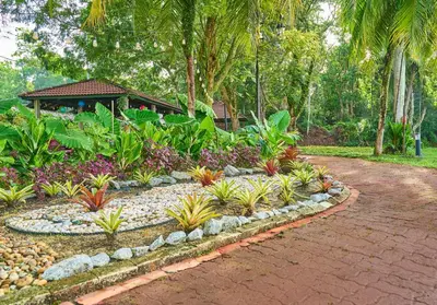 a garden with flowers and plants in front of a building at SGI Vacation Club Villa @ Damai Laut Holiday Resort in Lumut