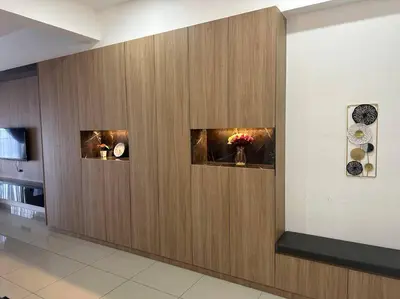 a wooden wall with two windows in a room at Ulike~Homestay~C~3Room-The Venus in Sitiawan