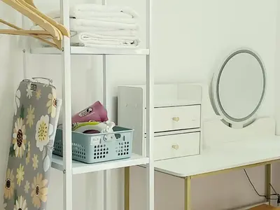 a white shelf with a mirror and a dressing table at Ipoh Cove Hillview Suite 7-8 pax Tambun Lost World by City Home Empire in Ipoh