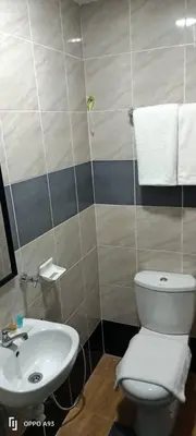 a bathroom with a white toilet and a sink at Hotel Blue Orchid in Bayan Lepas