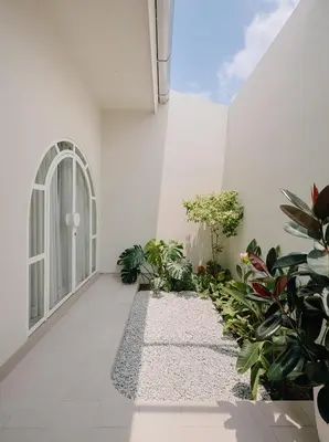 an empty hallway with plants and a window at Mint Villa with Jacuzzi Pool in George Town