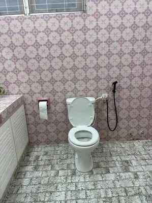 a bathroom with a toilet in a pink wall at The Hidden 7 in Taiping