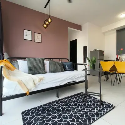 a bedroom with a bed and a dining room at 2BR OR 3BR Wonderful Homestay at Urban Suite BY LJ PULSE in Jelutong