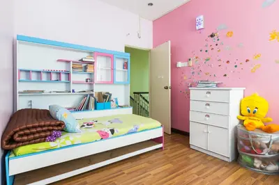 a childs bedroom with a hello kitty bedroom at Cosy HomeStay at Penang Island -Beach and Village in Bayan Lepas