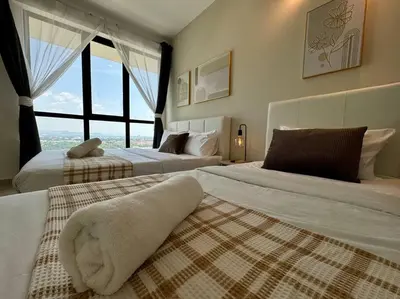 a bedroom with two beds and a large window at 【NEW】Harmony’s Home@Juru Sentral Icon City in Bukit Mertajam