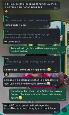 a screenshot of a text message about a playground at Homestay in manjung pr1ma segari-Melayu only in Lumut