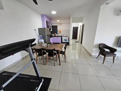 a kitchen and dining room with a table and chairs at Seberang Jaya Family Pool Homestay Near Hospital 3 Bedroom Aircond 2 Bathroom & Family Room Aircond in Permatang Janggus