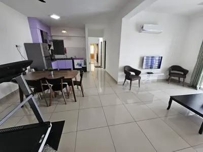 a kitchen and dining room with a table and chairs at Seberang Jaya Family Pool Homestay Near Hospital 3 Bedroom Aircond 2 Bathroom & Family Room Aircond in Permatang Janggus