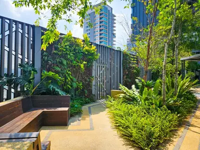 a garden with a wooden bench and plants at Tropicana 218 Macalister by NGN in George Town