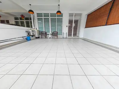 a large room with a white tiled floor and chairs at 38 Georgetown 3 Storey Terrace local food 5rooms 16pax in George Town