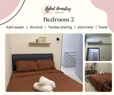a collage of three pictures of a bedroom with a bed at Orked Homestay Bagan Serai in Bagan Serai