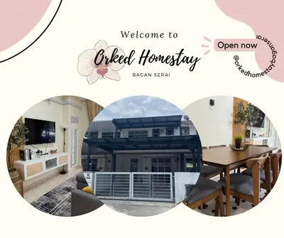 a collage of a living room and a dining room with a house at Orked Homestay Bagan Serai in Bagan Serai