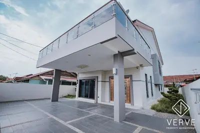 a staircase on the side of a white house at Ipoh Garden Luxury House By Verve (14pax) in Ipoh