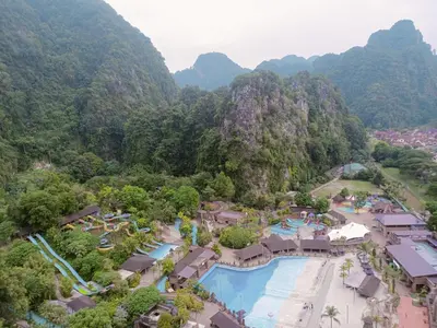 an aerial view of a resort with mountains at Lost World of Tambun, Sunway Onsen Studio, 1BR, 2-4pax in Tambun