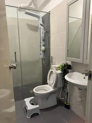 a bathroom with a shower and a toilet and a sink at Livistona Luxe Apartment in Permatang Pauh
