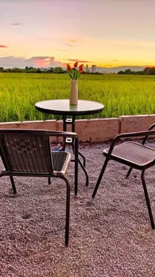 a table with two chairs and a vase with flowers at Paddy Villea with 5 Bedrooms Penang in Permatang Pauh