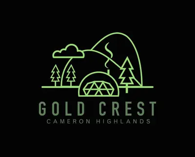 a logo for a campsite with a tent and trees at Gold Crest Cameron Highlands in Tanah Rata
