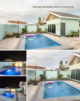 a collage of photos with a swimming pool and a house at ISLAMIC Pak Kop Homestay with private pool in Nibung Tebal