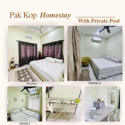 a collage of four pictures of a bedroom at ISLAMIC Pak Kop Homestay with private pool in Nibung Tebal