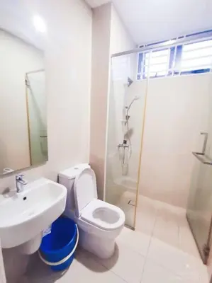 a bathroom with a sink and a toilet and a shower at 162 Home4Stay Deluxe Big 3story 6Rooms 20pax Wedding USM Arena Bridge in Gelugor