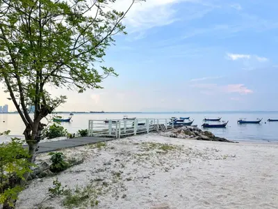 a beach with boats in the water and a tree at Lili Stay by the beach in George Town
