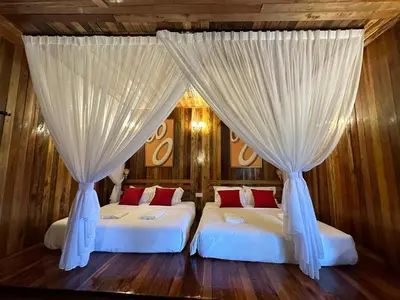 two beds in a room with curtains and wood at Woodcookies Guesthouse in Pangkor