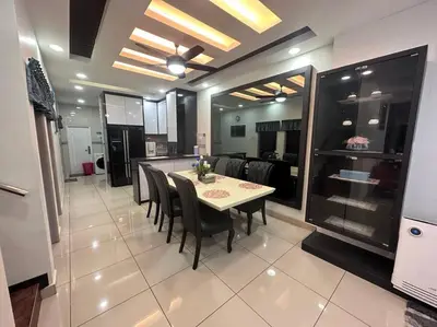 a kitchen and dining room with a table and chairs at H&H Homestay Premium House in Kepala Batas
