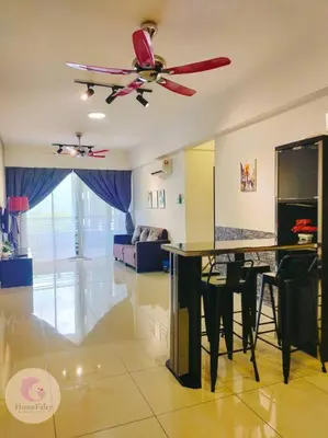 a living room with a ceiling fan and a table at The Majestic Condo Ipoh Home Fairy 4 in Ipoh