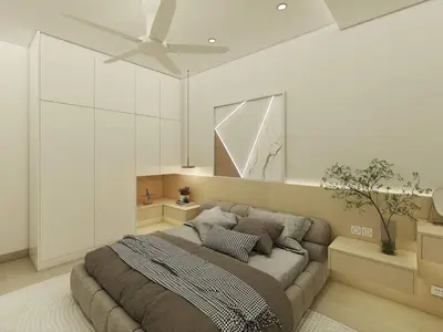 a bedroom with a large bed with a ceiling at Booyen hills in Tanah Rata