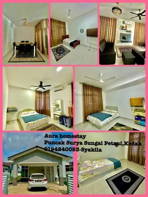 a collage of four pictures of a hotel room at Aura Homestay in Sungai Petani