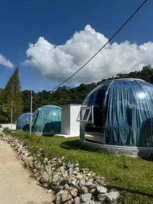two domed buildings with domes on the grass at The Starry Dome Couple Room in Cameron Highlands