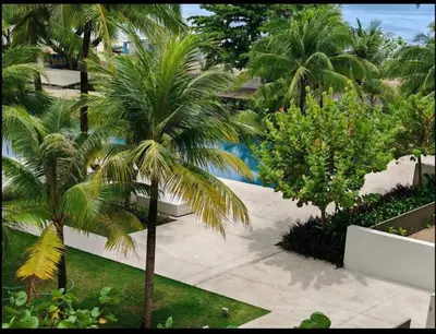 a group of palm trees in a courtyard with a pool at By The Sea Beach Front and Seaview Apartment 2 in Batu Ferringhi