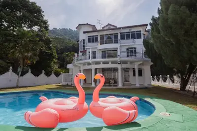 two pink swans in a pool in front of a house at Villa55 w Private swimming pool BBQ Pool table 25pax in Bayan Lepas