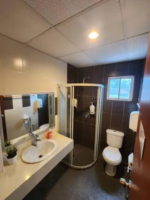 a bathroom with a shower and a toilet and a sink at Iris Bougainvillea Cameron's in Tanah Rata