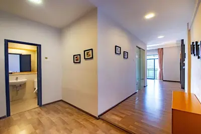 a room with a hallway with a sink and a bathroom at 16celsius at Kea Farm Brinchang in Brinchang