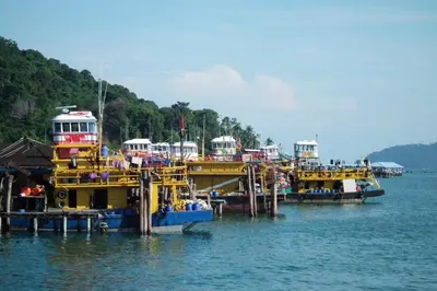 a group of boats are docked in the water at 5 Lot 10 Pangkor Leisure Beach Studio in Pangkor