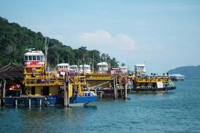a group of boats are docked in the water at C 23 Lot 10 Pangkor Leisure Beach Studio in Pangkor