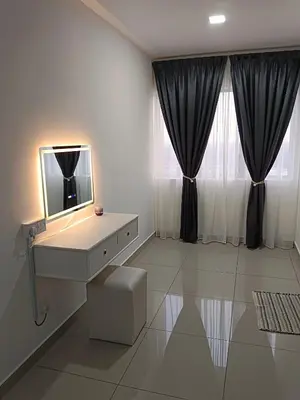 a bathroom with a vanity with a mirror and a window at Happy Homestay TheVenus Sitiawan in Sitiawan