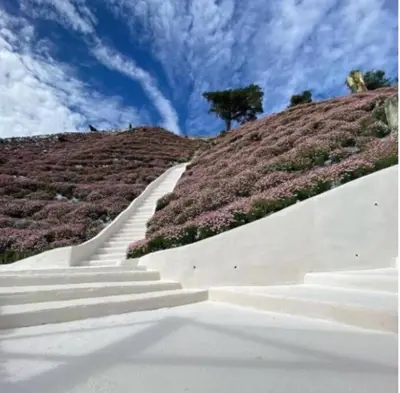 a set of stairs leading up to a hill at Serene French Family Retreat with Sunrise View in Cameron Highlands