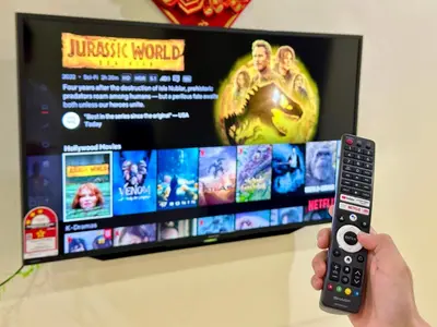 a person holding a remote control in front of a tv at Lovely Homestay in Gerik with Free Netflix & WiFi in Gerik