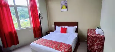 a bedroom with a bed and a window with red curtains at De Clinique Hotel in Pangkor