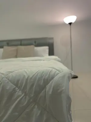 a bedroom with a white bed and a lamp at Zara Cozy Homestay in Seri Iskandar